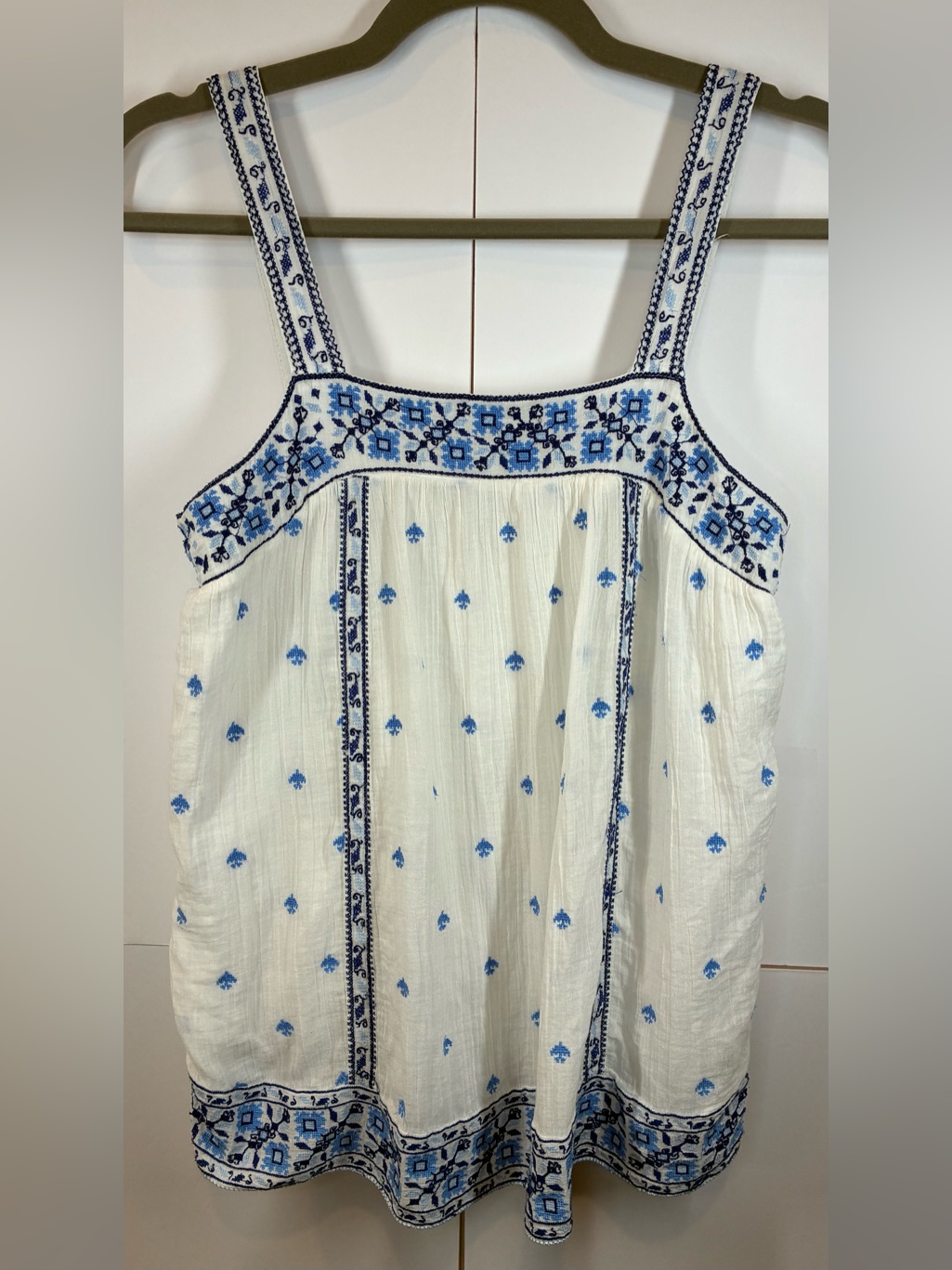Joie White Blue Embroidered Gauze Tank Top Boho Peasant Size Xs
